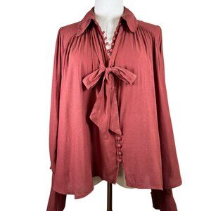Free People Boho Button Front Tie-Neck Blouse Rust Red Flowing Size S